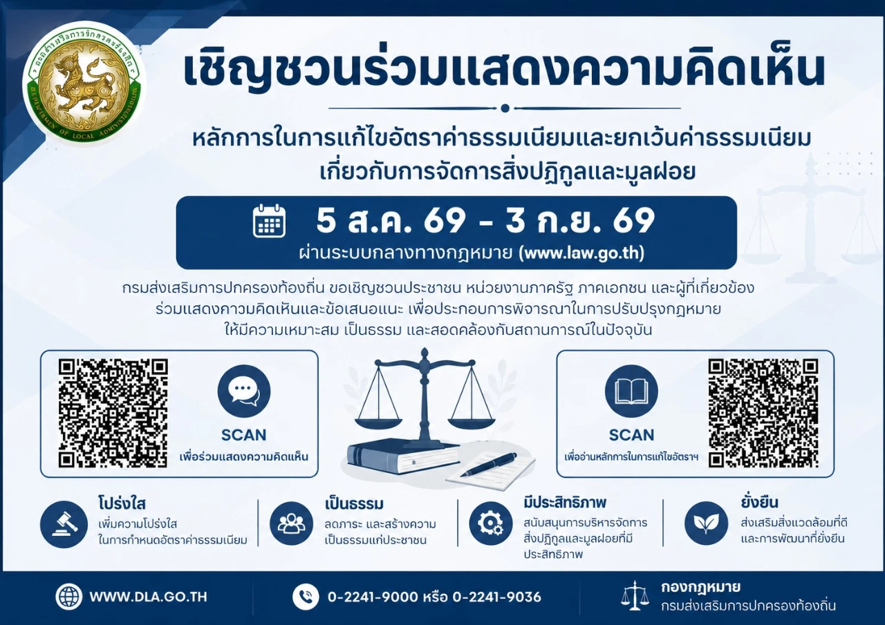 เชิญชวนร่วมแสดงความคิดเห็นหลักการในการแก้ไขอัตราค่าธรรมเนียมและยกเว้นค่าธรรมเนียนเกี่ยวกับการจัดการสิ่งปฎิกูลและมูลฝอย
